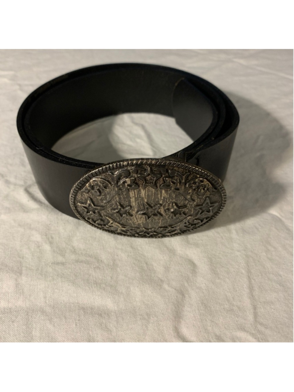 Women's ALDO Black Leather Belt with Silver Star Buckle medium